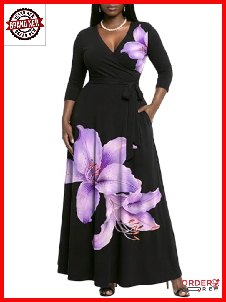 Maxi Dress With Belt, V-Neck 3/4 Sleeve Wrap Dress With Pockets